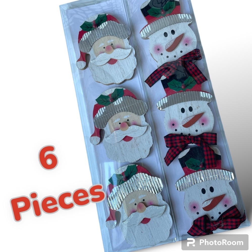 Wooden Rustic Holiday Ornaments SET OF 6  Santa Snowman Christmas